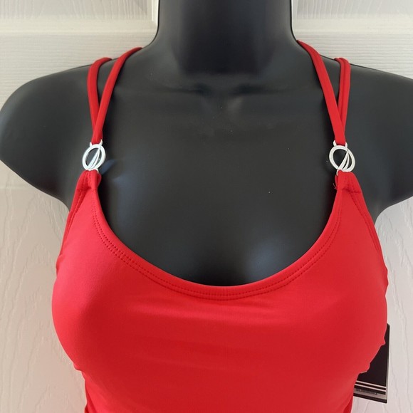 NAUTICA Slimming Swim Suit One Piece Scoop Neck Ruched Back Straps Red Womens S - Picture 3 of 12